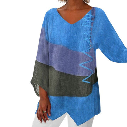 Women's Elegant Casual V-Neck Long Sleeve Artistic Pattern Print Top
