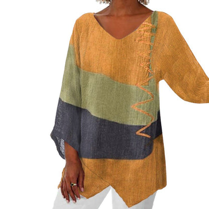 Women's Elegant Casual V-Neck Long Sleeve Artistic Pattern Print Top