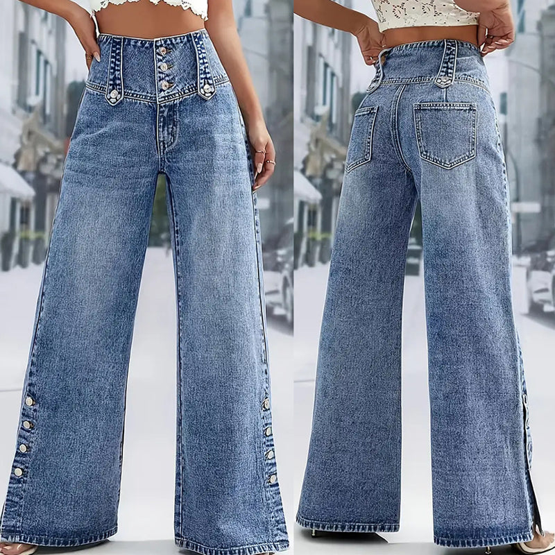 📢📢49% OFF !!!⏰High-Waist Wide-Leg Jeans – easy pull-on style! Side slits let the breeze in, keep you cool. 🌸