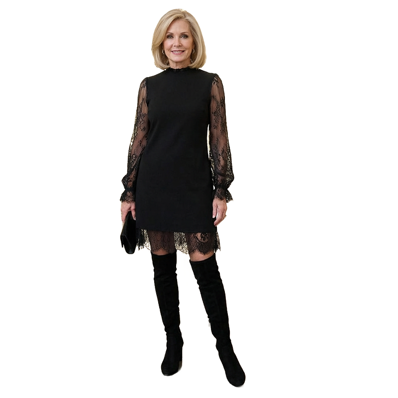 Women's Mock Neck Lace Trim Mini Dress
