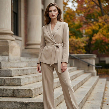 ⏳Limited-time 49% off⏰Women's Elegant Tie-Waist Blazer & Wide-Leg Pants Suit Set👔👖