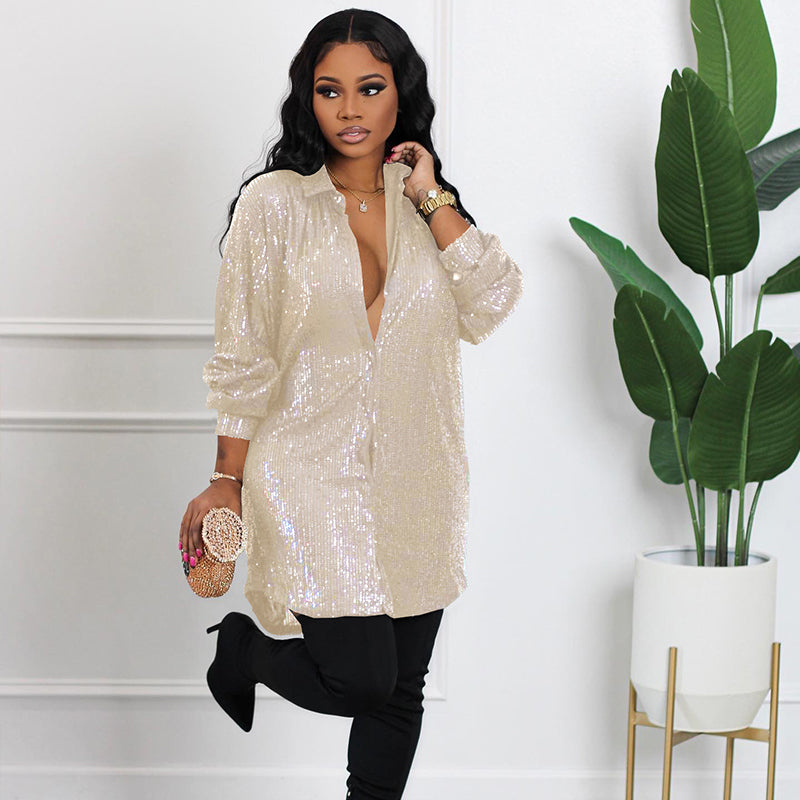 📢📢49% OFF !!!⏰Women's Shiny Sequins Mid-Length Shirt