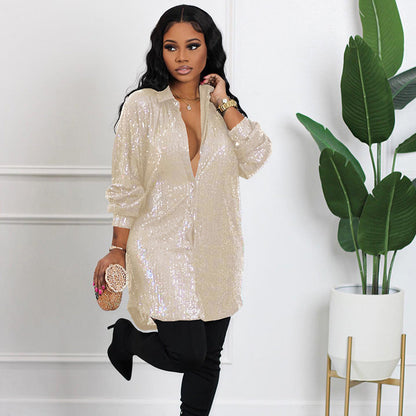 📢📢49% OFF !!!⏰Women's Shiny Sequins Mid-Length Shirt
