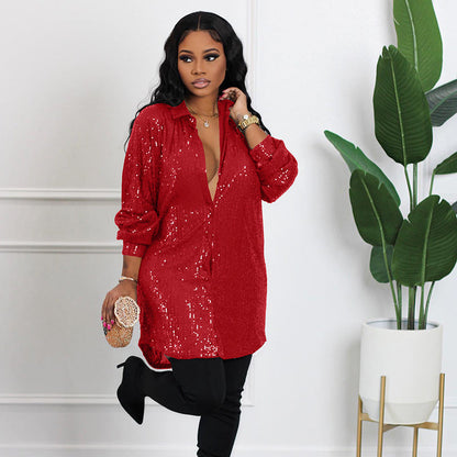 📢📢49% OFF !!!⏰Women's Shiny Sequins Mid-Length Shirt