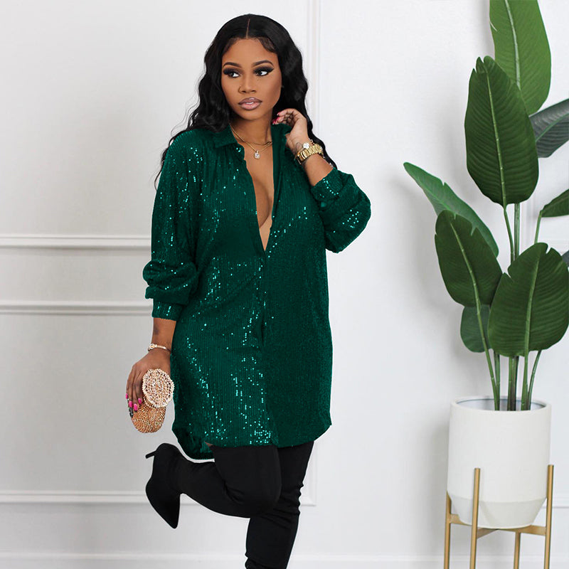 📢📢49% OFF !!!⏰Women's Shiny Sequins Mid-Length Shirt