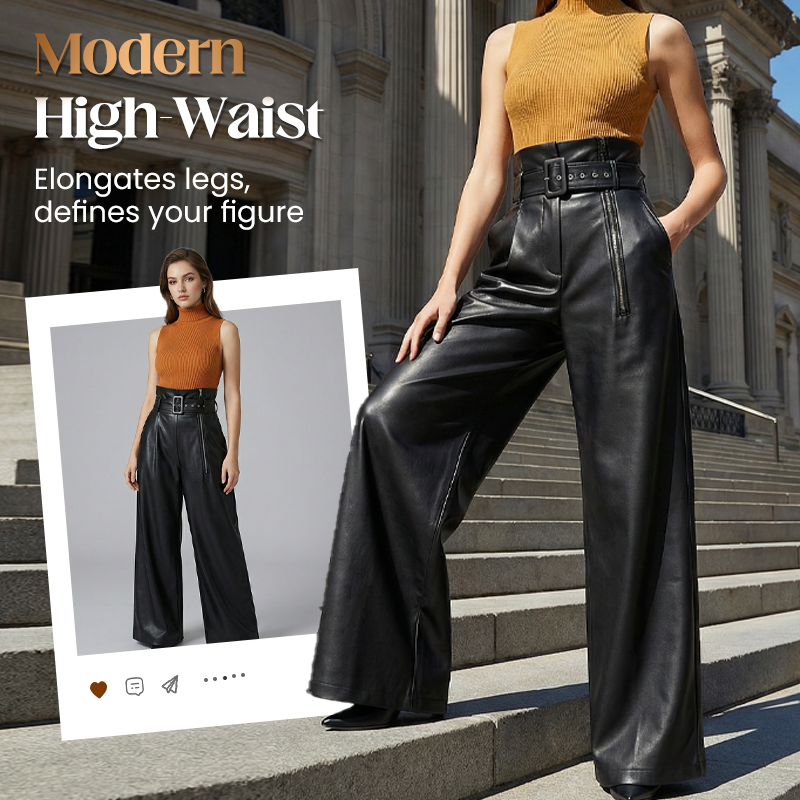 Modern High-Waist Leather Wide-Leg Pants