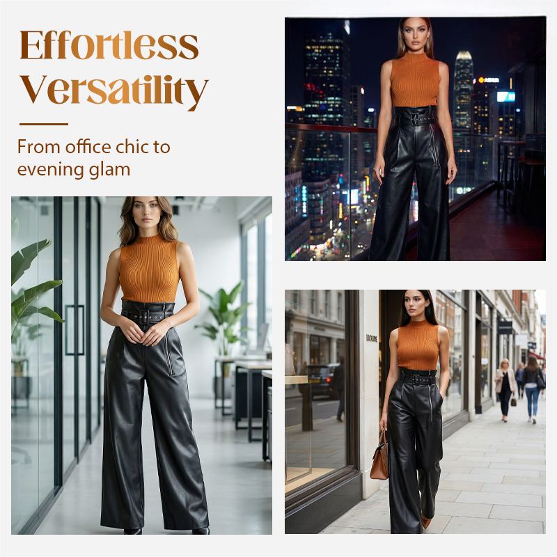 Modern High-Waist Leather Wide-Leg Pants