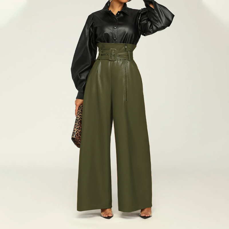 Modern High-Waist Leather Wide-Leg Pants