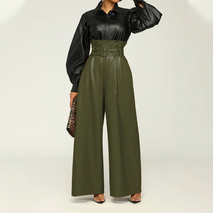 Modern High-Waist Leather Wide-Leg Pants