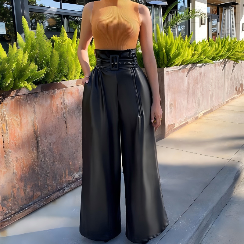 Modern High-Waist Leather Wide-Leg Pants