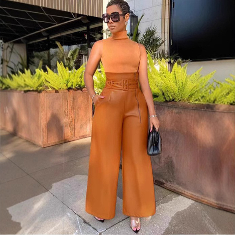 Modern High-Waist Leather Wide-Leg Pants
