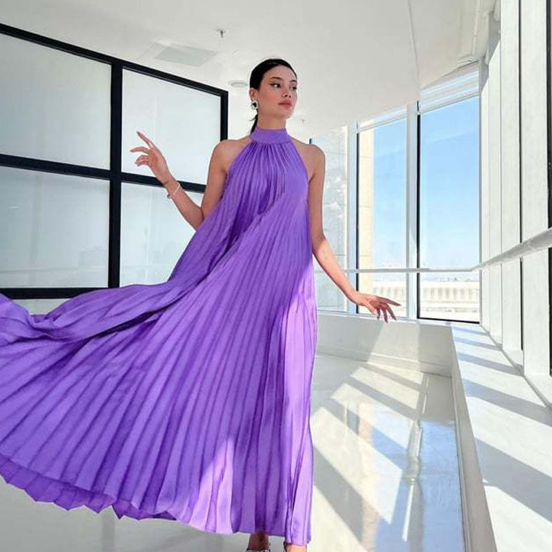 Women's Halter Neck Pleated Flowy Maxi Dress