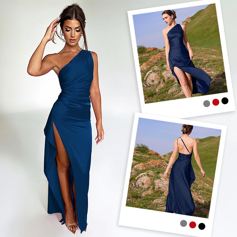 Satin One Shoulder Drape Slit Maxi Dress