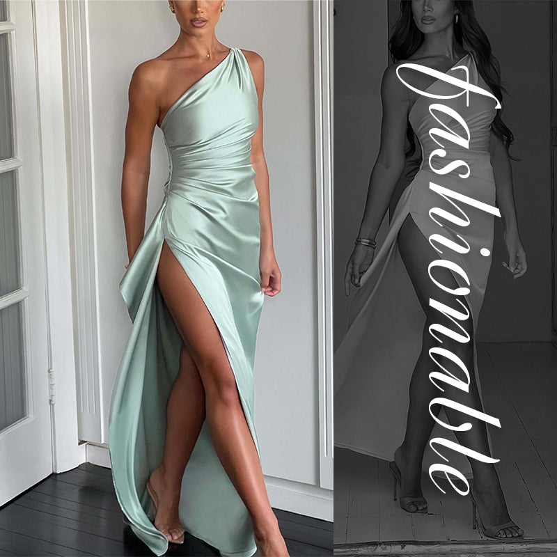 Satin One Shoulder Drape Slit Maxi Dress
