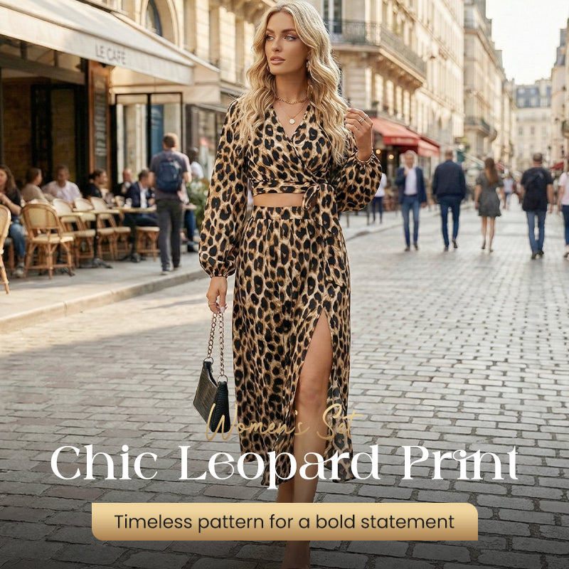 Women's V-Neck Top and Leopard Print Skirt 2-Piece Set