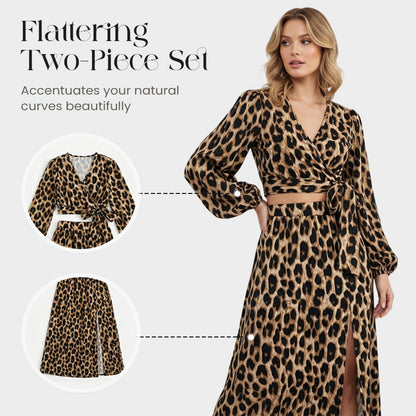 Women's V-Neck Top and Leopard Print Skirt 2-Piece Set