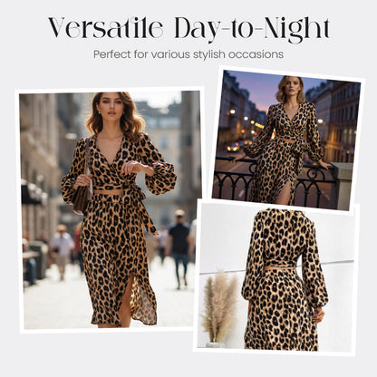 Women's V-Neck Top and Leopard Print Skirt 2-Piece Set
