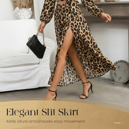Women's V-Neck Top and Leopard Print Skirt 2-Piece Set