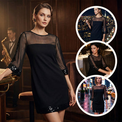 Elegant Sequin Patchwork Sheer Sleeve Dress