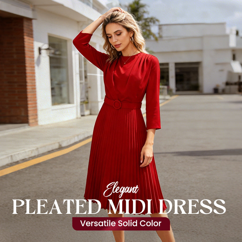 Elegant Long Sleeve Pleated Midi Dress with Belt