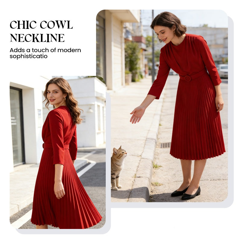 Elegant Long Sleeve Pleated Midi Dress with Belt