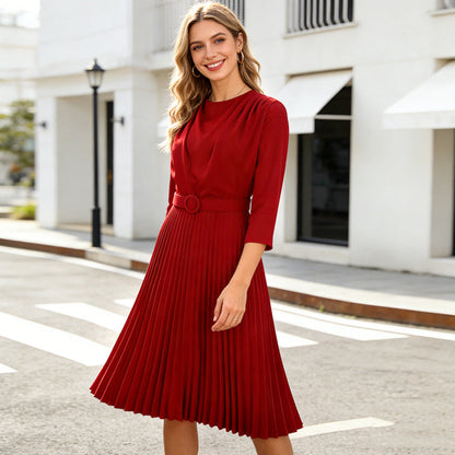 Elegant Long Sleeve Pleated Midi Dress with Belt