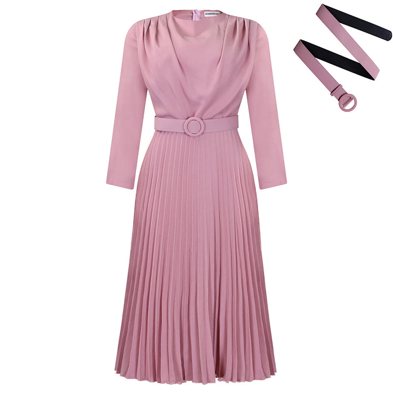 Elegant Long Sleeve Pleated Midi Dress with Belt