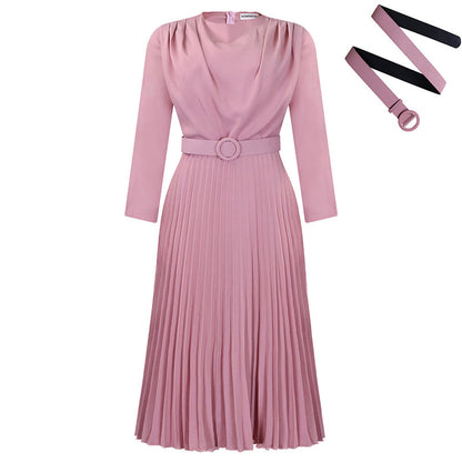 Elegant Long Sleeve Pleated Midi Dress with Belt