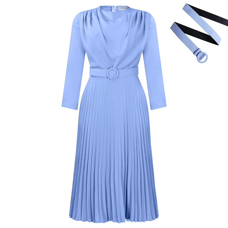 Elegant Long Sleeve Pleated Midi Dress with Belt