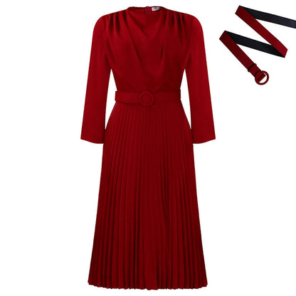 Elegant Long Sleeve Pleated Midi Dress with Belt