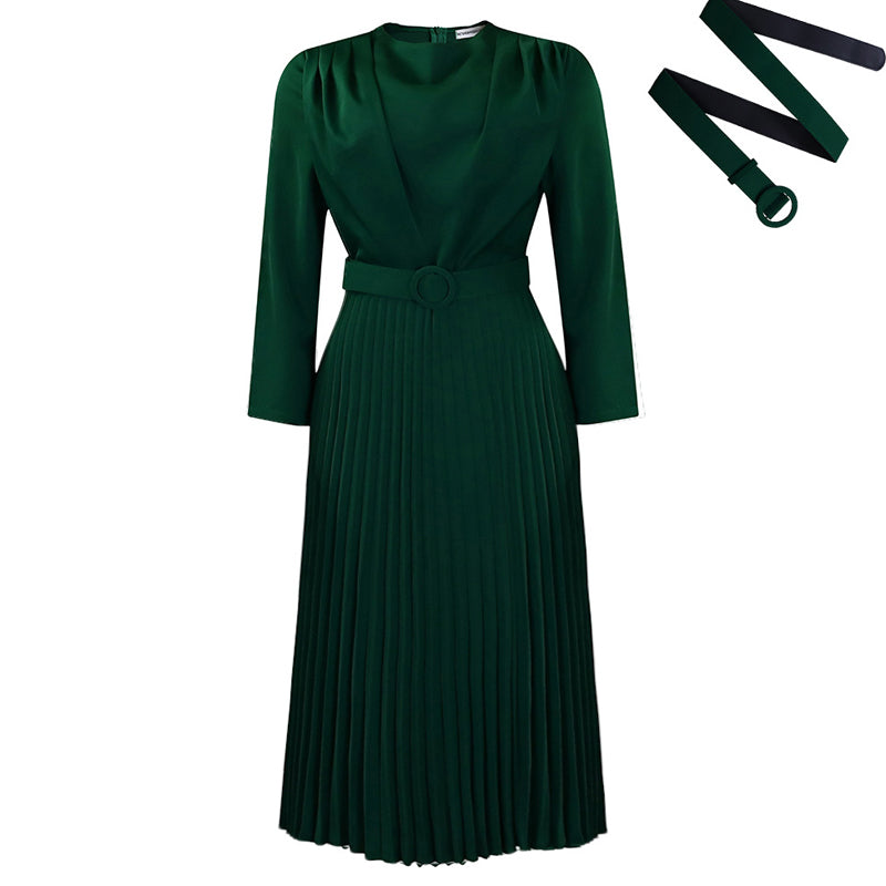 Elegant Long Sleeve Pleated Midi Dress with Belt