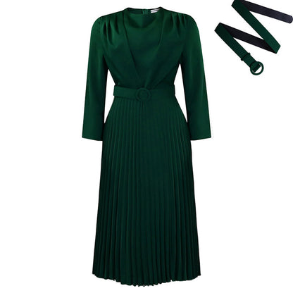 Elegant Long Sleeve Pleated Midi Dress with Belt