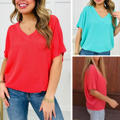 Women's Casual Solid Color V-Neck Short Sleeve Top