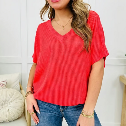 Women's Casual Solid Color V-Neck Short Sleeve Top