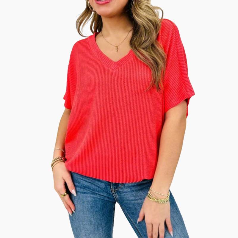 Women's Casual Solid Color V-Neck Short Sleeve Top