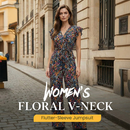 Women’s Floral V-Neck Flutter-Sleeve Jumpsuit