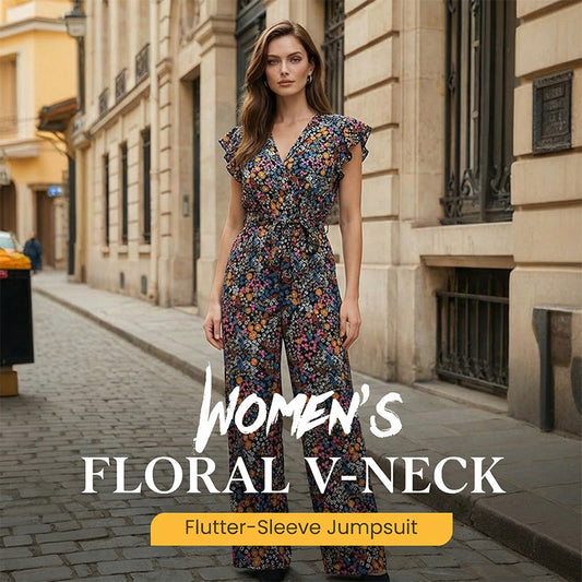 Women’s Floral V-Neck Flutter-Sleeve Jumpsuit