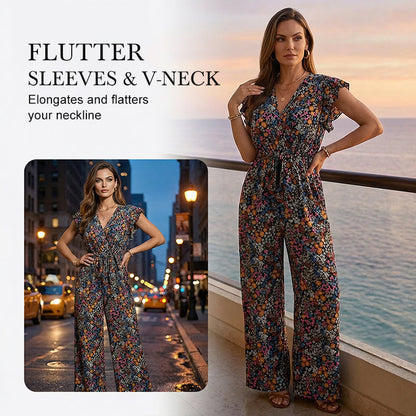 Women’s Floral V-Neck Flutter-Sleeve Jumpsuit