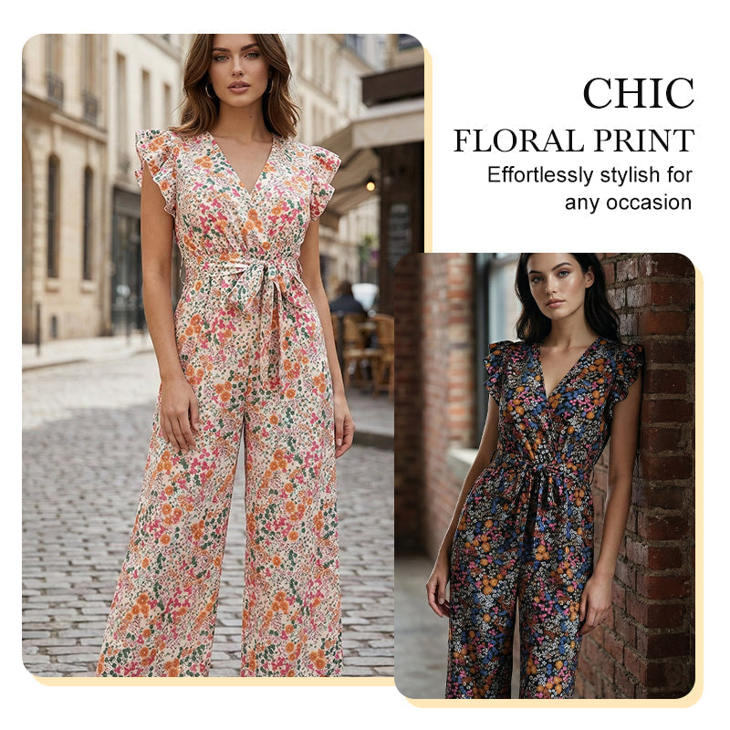 Women’s Floral V-Neck Flutter-Sleeve Jumpsuit