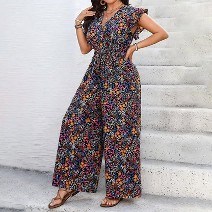 Women’s Floral V-Neck Flutter-Sleeve Jumpsuit