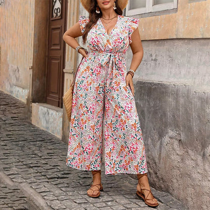 Women’s Floral V-Neck Flutter-Sleeve Jumpsuit