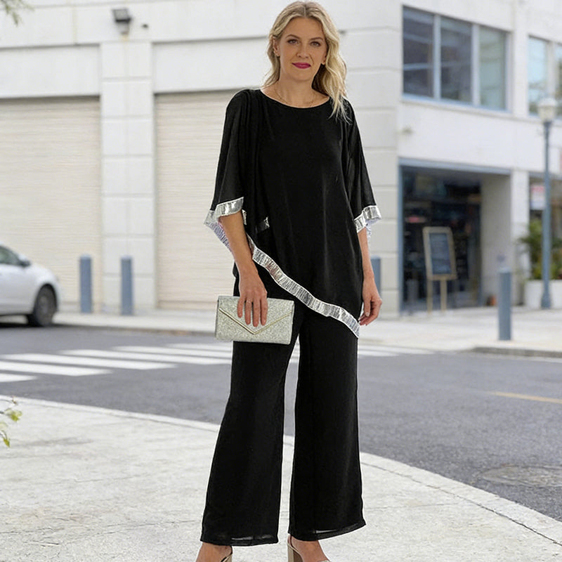 🎁Free Gift 🎁 Elegant Sequin Trim Poncho Top & Wide-Leg Pants Set