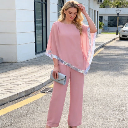 🎁Free Gift 🎁 Elegant Sequin Trim Poncho Top & Wide-Leg Pants Set