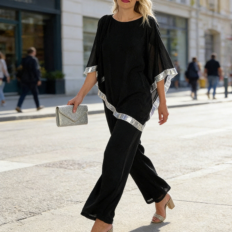 🎁Free Gift 🎁 Elegant Sequin Trim Poncho Top & Wide-Leg Pants Set