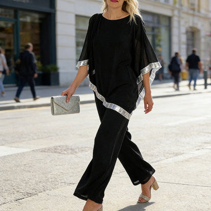 🎁Free Gift 🎁 Elegant Sequin Trim Poncho Top & Wide-Leg Pants Set