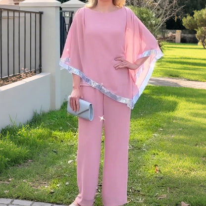 🎁Free Gift 🎁 Elegant Sequin Trim Poncho Top & Wide-Leg Pants Set