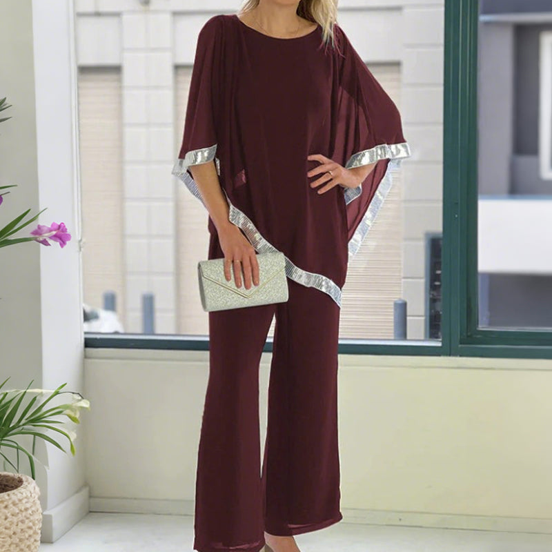 🎁Free Gift 🎁 Elegant Sequin Trim Poncho Top & Wide-Leg Pants Set