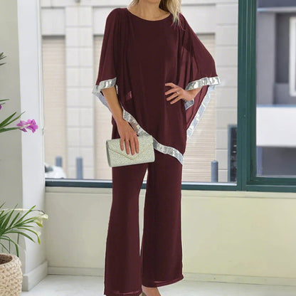 🎁Free Gift 🎁 Elegant Sequin Trim Poncho Top & Wide-Leg Pants Set