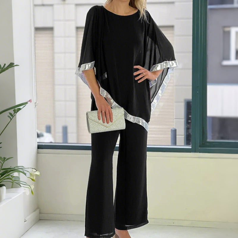 🎁Free Gift 🎁 Elegant Sequin Trim Poncho Top & Wide-Leg Pants Set
