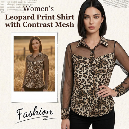 👚49% OFF NOW! 🐆 Women's Leopard Print Shirt with Contrast Mesh – Long Sleeve, Flattering Fit & Versatile for Office-to-Evening ✨